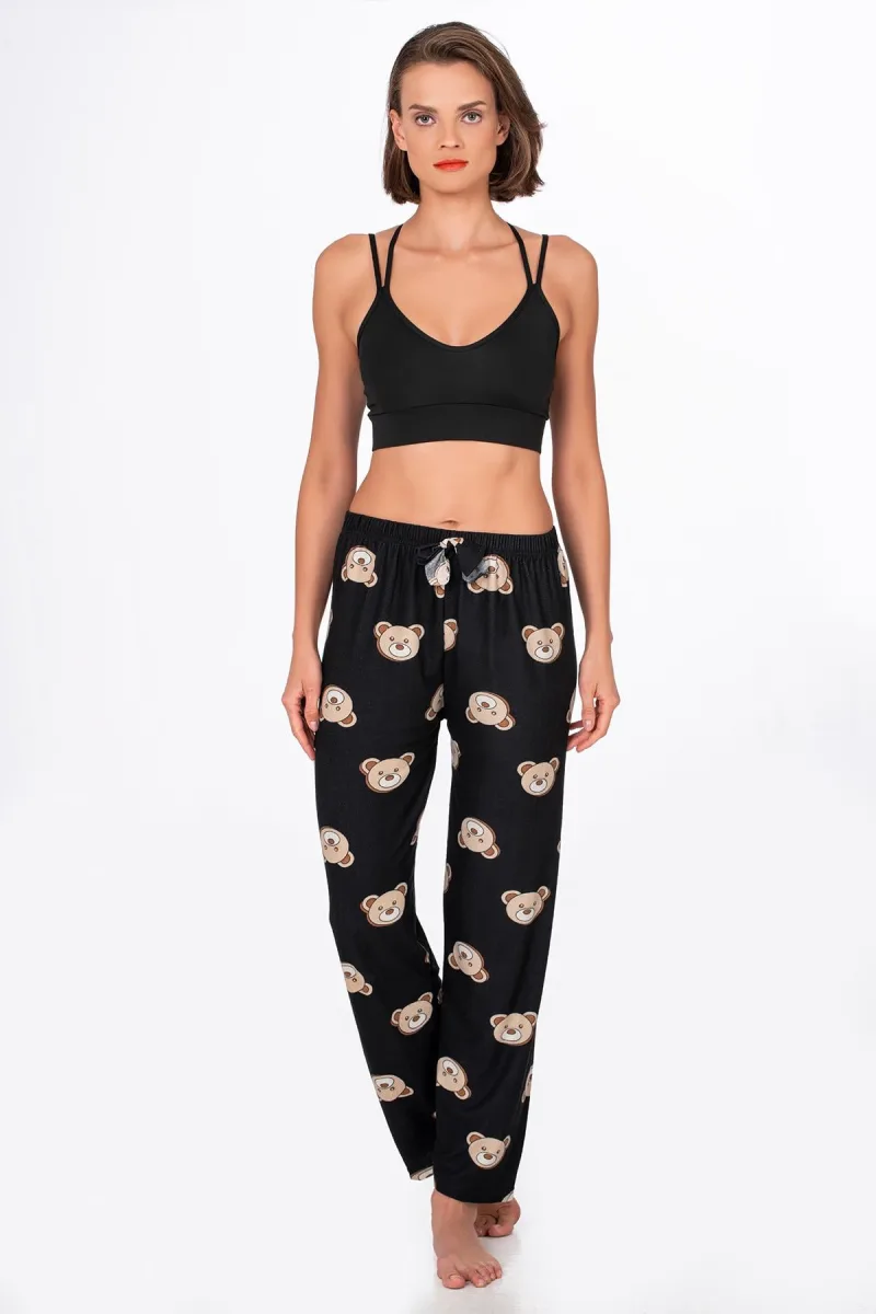 Kadın Süet Ayıcık Desenli Pijama Tek Alt