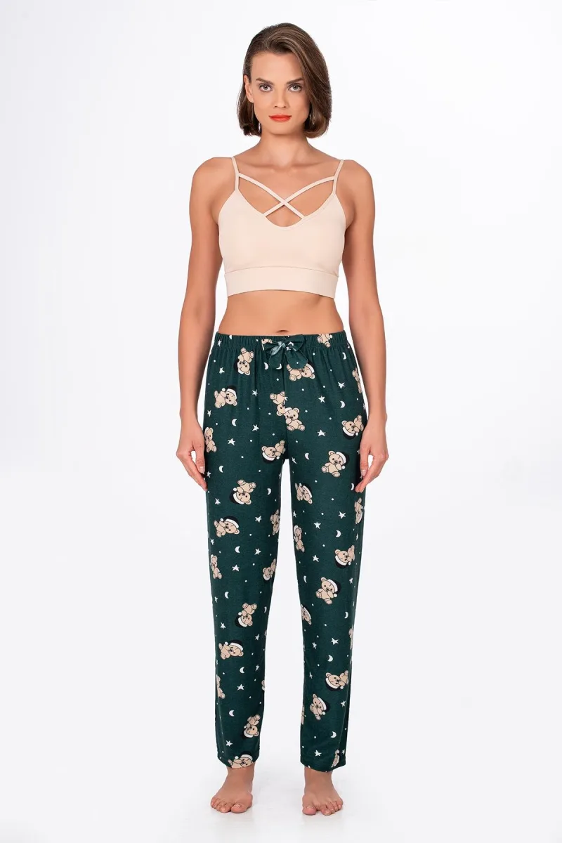 Kadın Süet Ayıcık Desenli Pijama Tek Alt – Yeşil