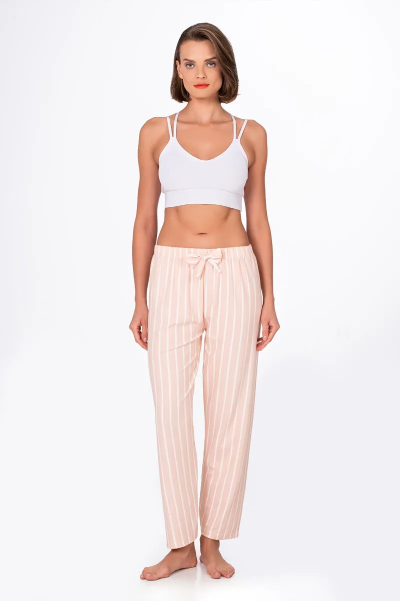 Kadın Süet Bej Çizgili Pijama Tek Alt