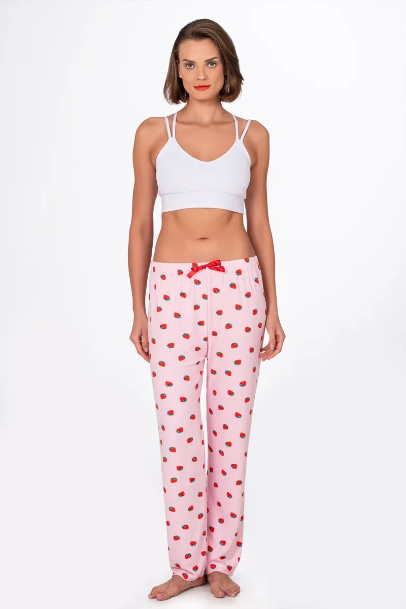 Kadın Süet Çilek Desenli Pijama Tek Alt
