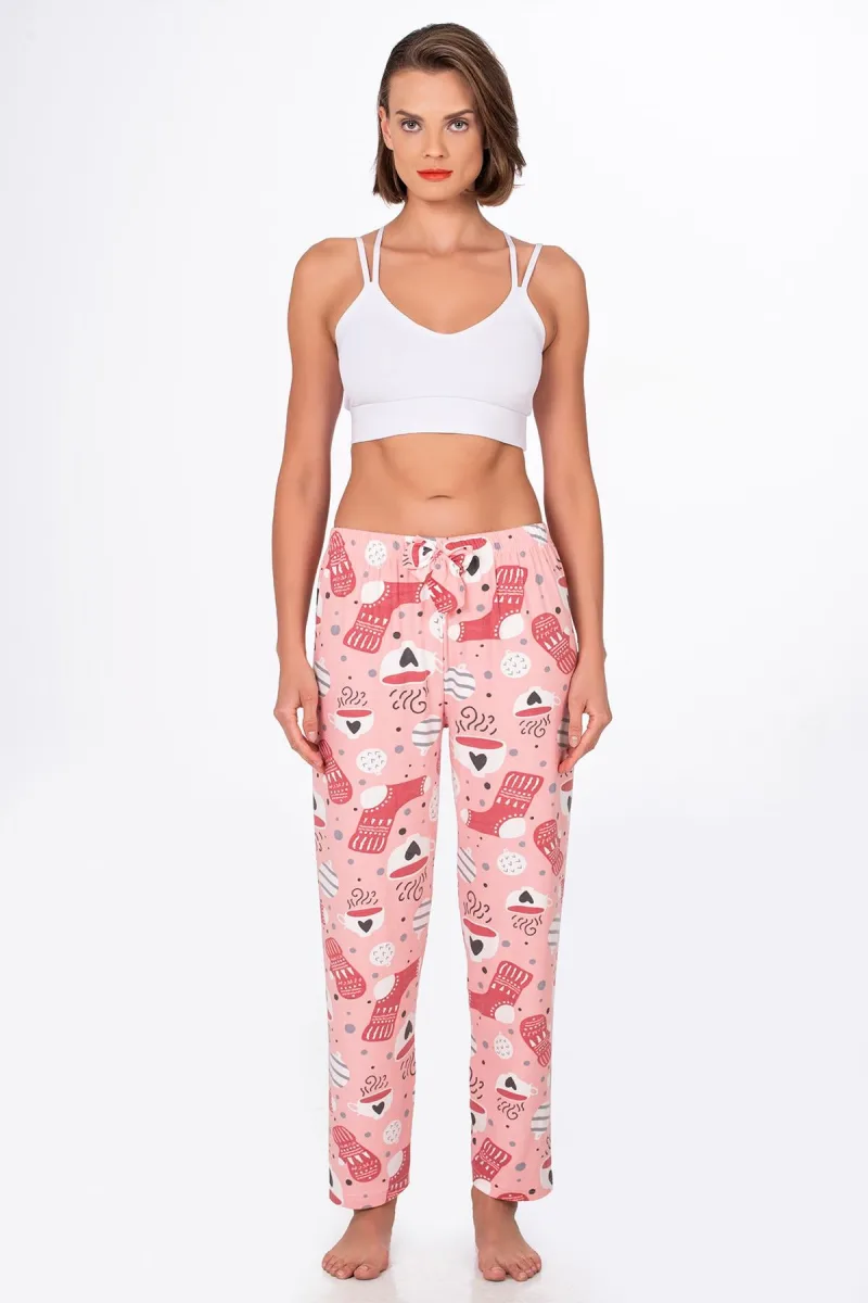 Kadın Süet Kahve Desenli Pijama Tek Alt