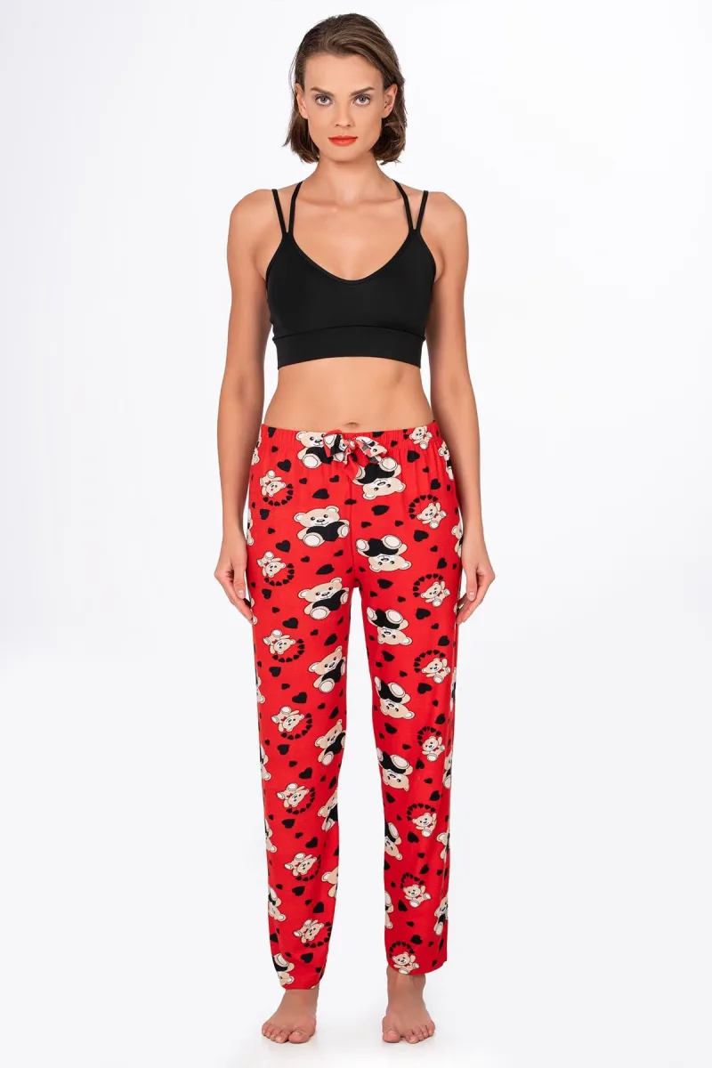 Kadın Süet Kalpli Ayıcık Desenli Pijama Tek Alt