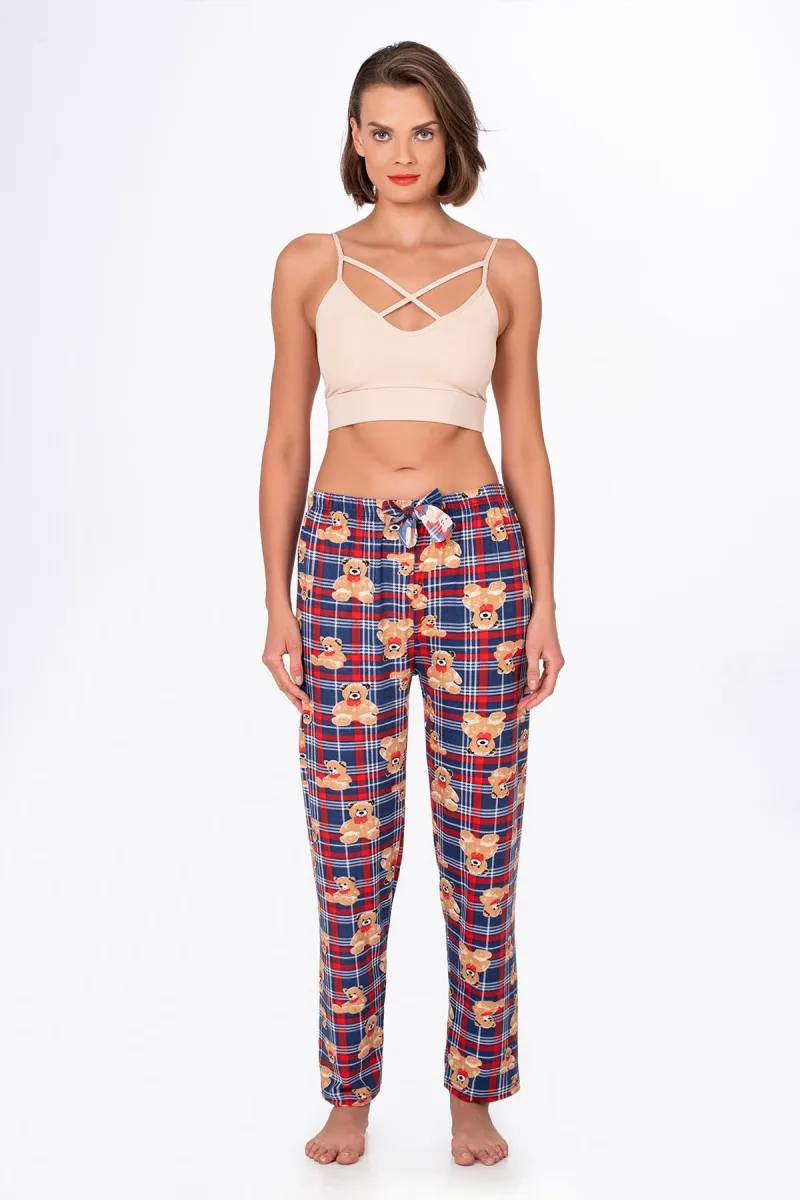 Kadın Süet Kareli Ayıcık Desenli Pijama Tek Alt