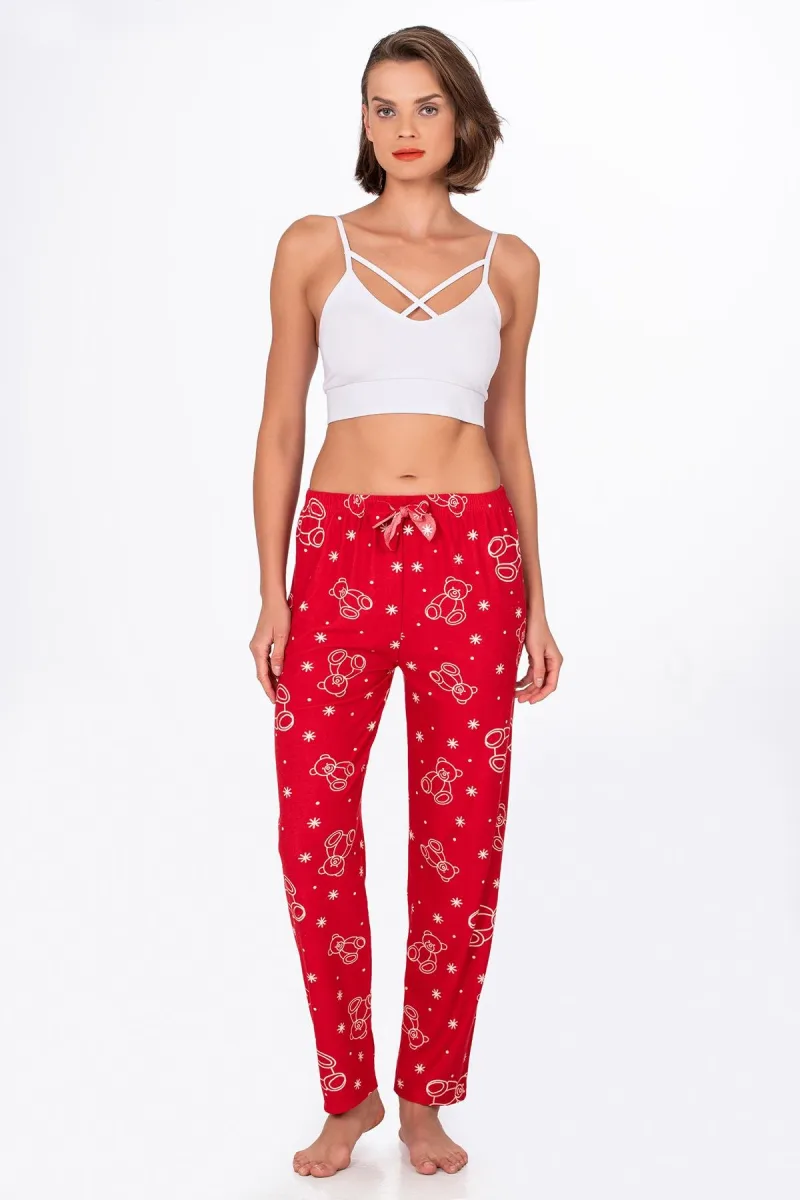 Kadın Süet Kırmızı Ayıcık Desenli Pijama Tek Alt