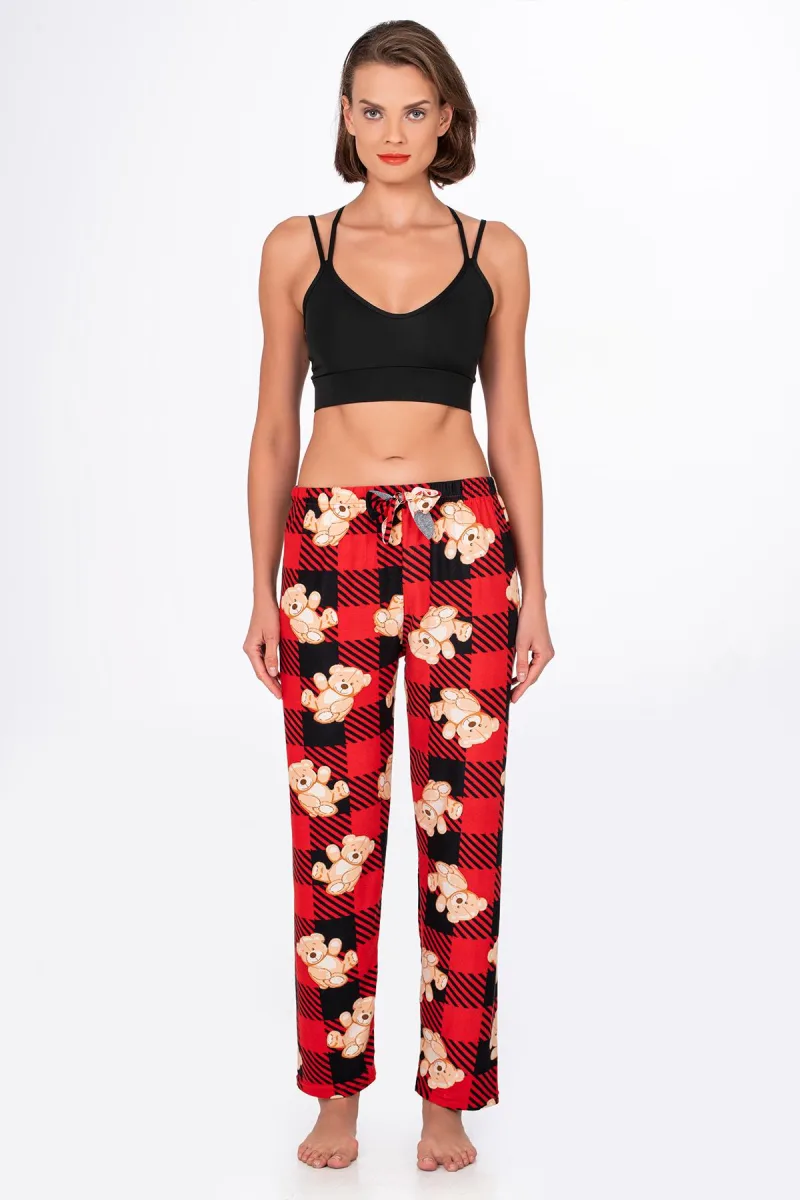 Kadın Süet Kırmızı Kareli Ayıcık Desenli Pijama Tek Alt