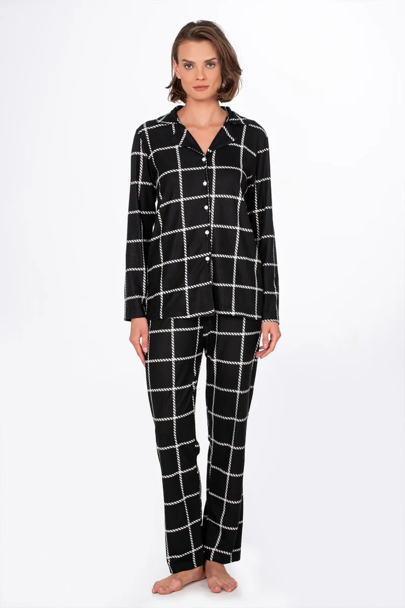 Kadın Süet Önden Düğmeli Pijama Takımı | Beyaz Çizgili