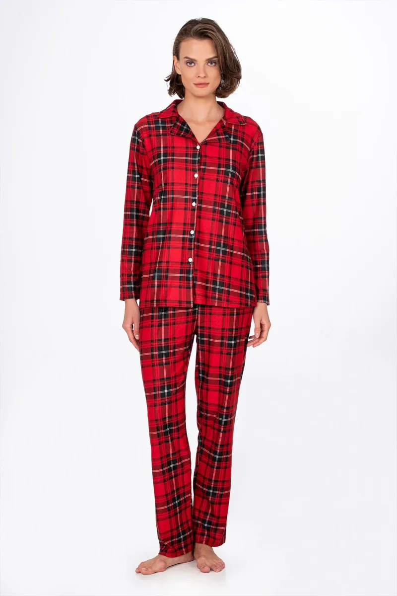 Kadın Süet Önden Düğmeli Pijama Takımı | Ekose Kırmızı