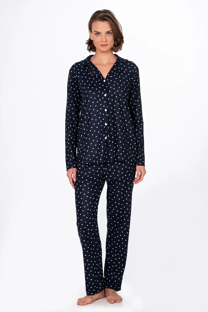 Kadın Süet Önden Düğmeli Pijama Takımı | Kalpli Lacivert