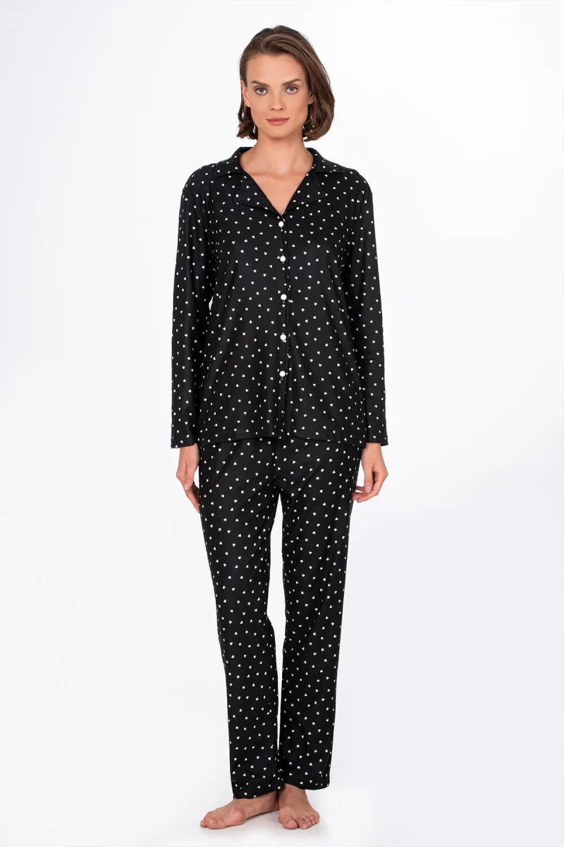 Kadın Süet Önden Düğmeli Pijama Takımı | Kalpli Siyah