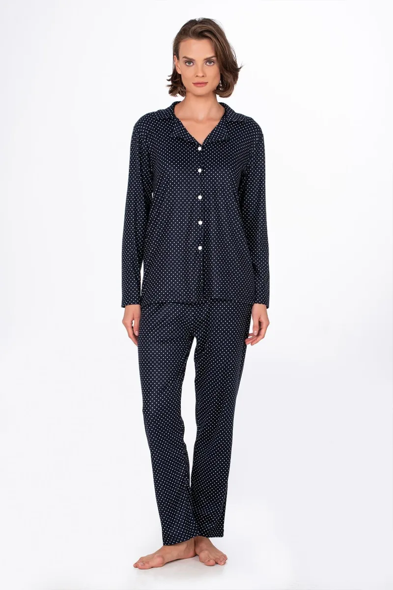 Kadın Süet Önden Düğmeli Pijama Takımı | Puantiyeli Lacivert