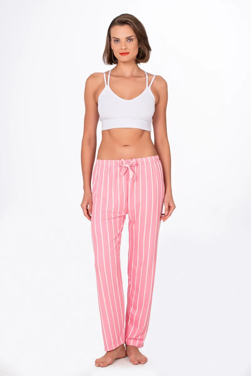 Kadın Süet Pembe Çizgili Pijama Tek Alt