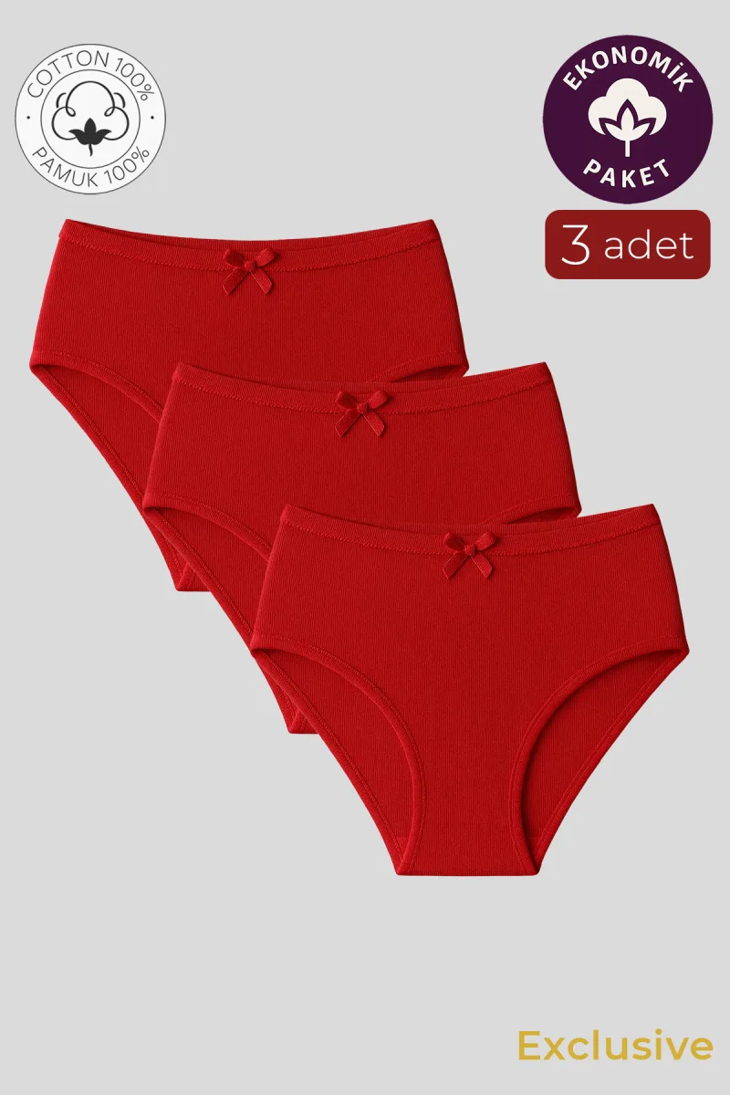 Kadın Yüksek Bel Pamuklu Ribana Slip Külot 3'lü Paket – Esnek & Rahat | Kırmızı K0305