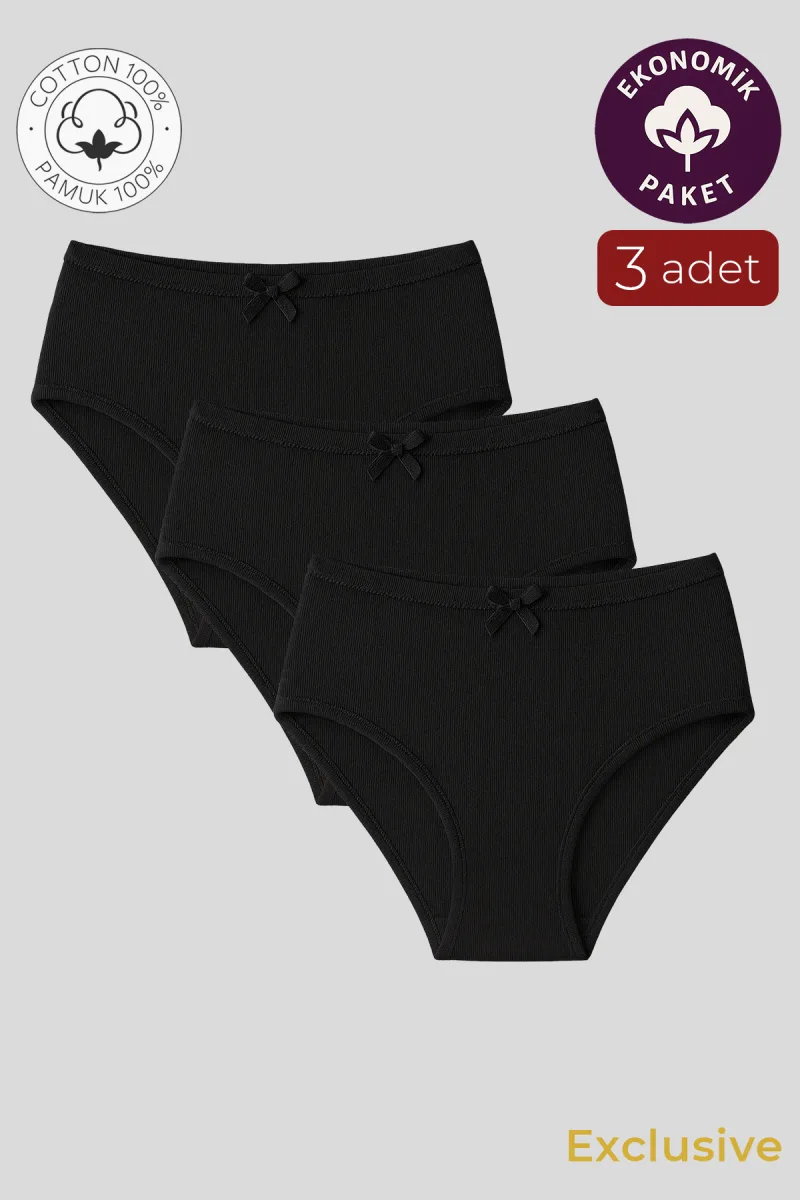 Kadın Yüksek Bel Pamuklu Ribana Slip Külot 3'lü Paket – Esnek & Rahat | Siyah K0305