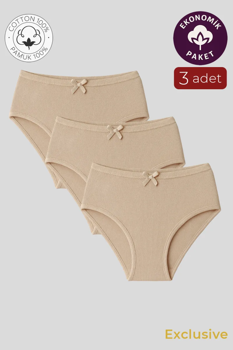 Kadın Yüksek Bel Pamuklu Ribana Slip Külot 3'lü Paket – Esnek & Rahat | Ten K0305