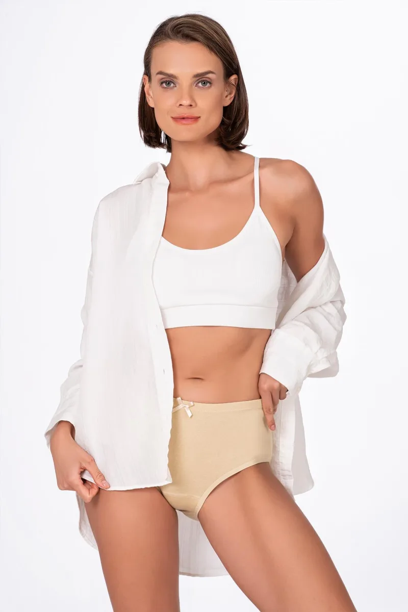 Kadın Yüksek Bel Pamuklu Ribana Slip Külot – Esnek & Rahat | Ten K0305