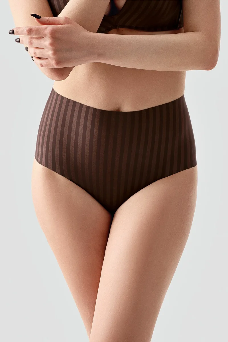 Kadın Yüksek Bel Seamless Şerit Efektli Toparlayıcı Bato Külot | Kahverengi 9211