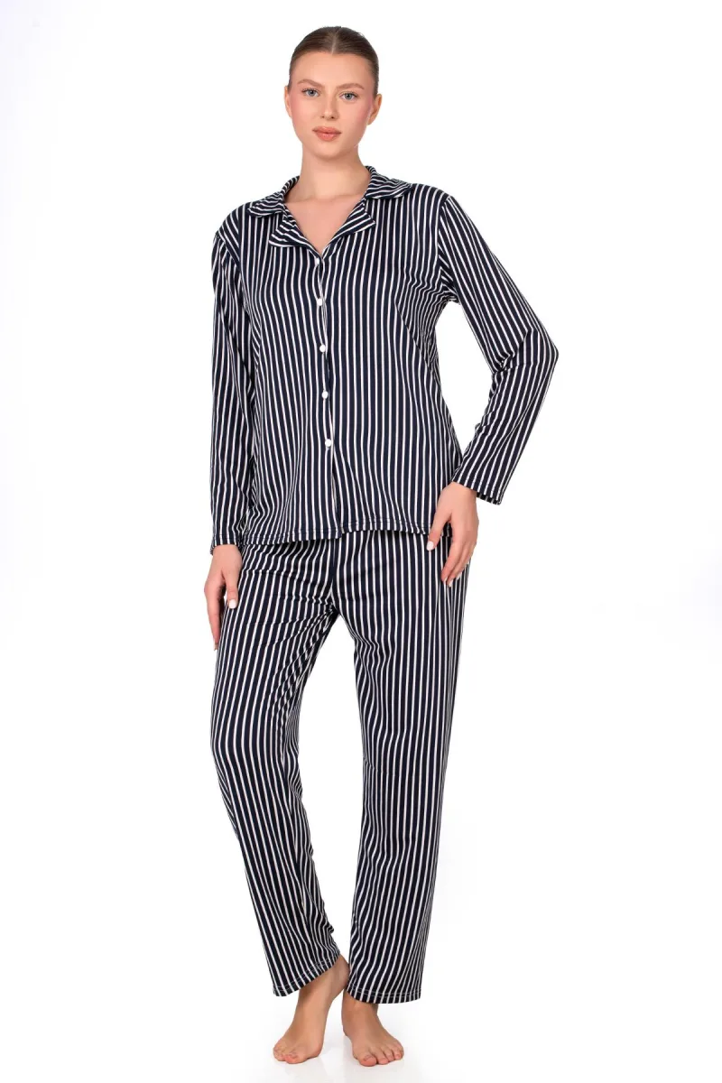 Lizbon Kumaş İçi Şardonlu Çizgili Önden Düğmeli Kadın Pijama Takımı