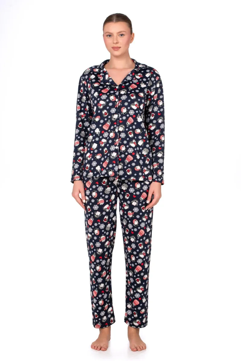 Lizbon Kumaş İçi Şardonlu Lacivert Kış Desenli Önden Düğmeli Kadın Pijama Takımı
