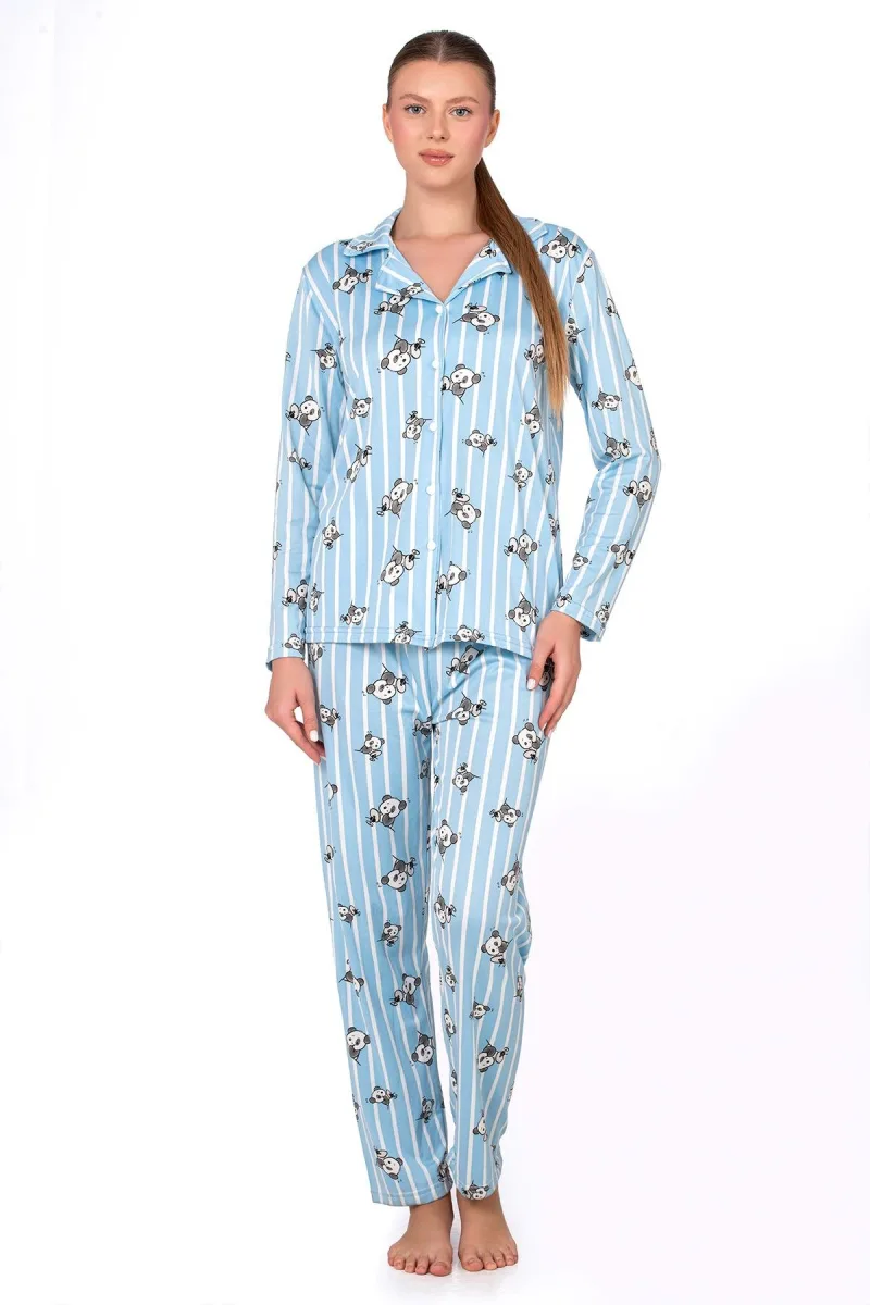 Lizbon Kumaş İçi Şardonlu Panda Desenli Önden Düğmeli Kadın Pijama Takımı