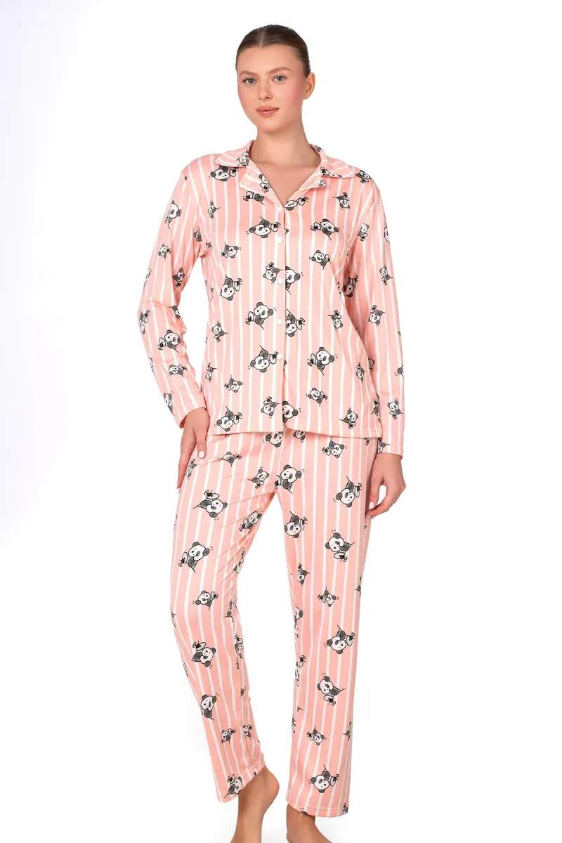 Lizbon Kumaş İçi Şardonlu Somon Panda Desenli Çizgili Önden Düğmeli Kadın Pijama Takımı
