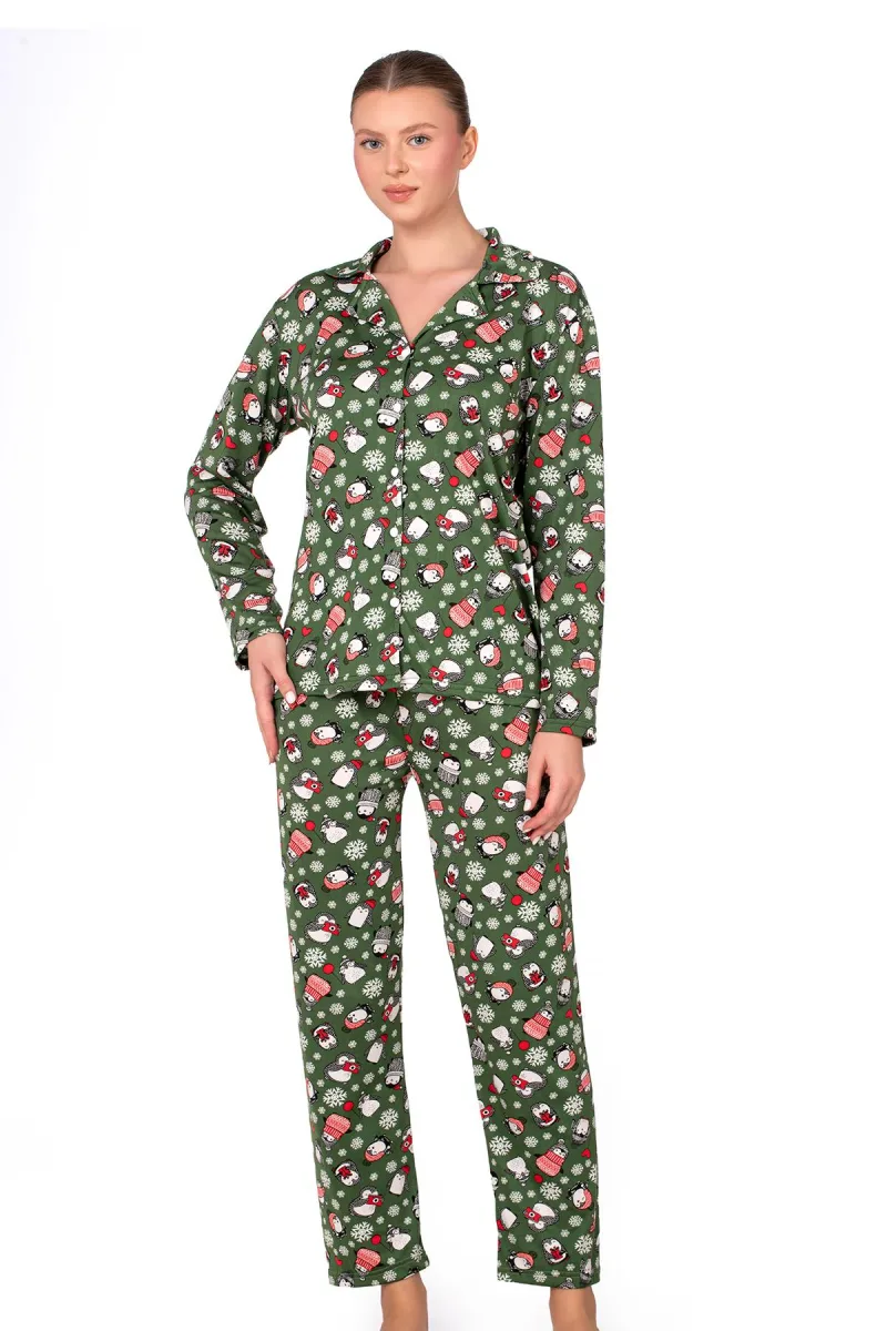 Lizbon Kumaş İçi Şardonlu Yeşil Kış Desenli Önden Düğmeli Kadın Pijama Takımı