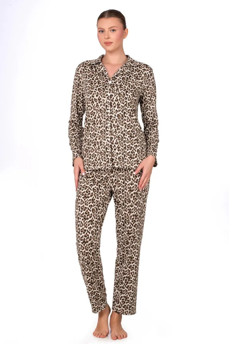 Lizbon Kumaş Leopar Desenli İçi Şardonlu Önden Düğmeli Kadın Pijama Takımı