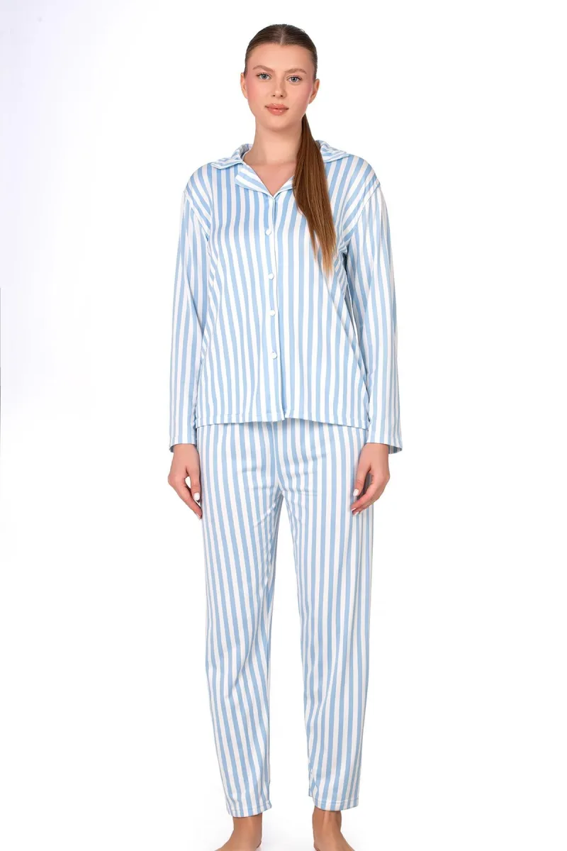 Mavi Çizgili Lizbon Kumaş İçi Şardonlu Önden Düğmeli Kadın Pijama Takımı