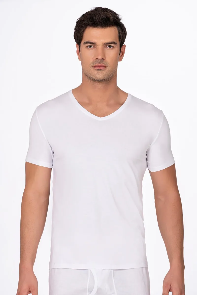 Pamuklu Modal V Yaka Kısa Kollu Tişört Fanila | Beyaz K11143