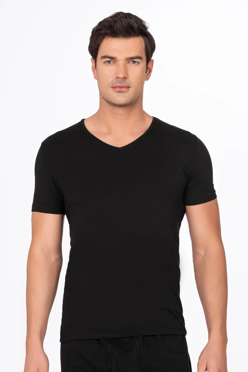 Pamuklu Modal V Yaka Kısa Kollu Tişört Fanila | Siyah K11143