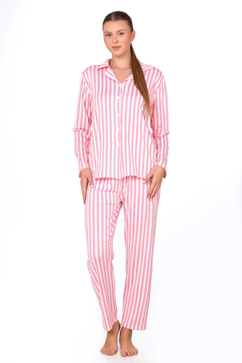 Pembe Çizgili Lizbon Kumaş İçi Şardonlu Önden Düğmeli Kadın Pijama Takımı
