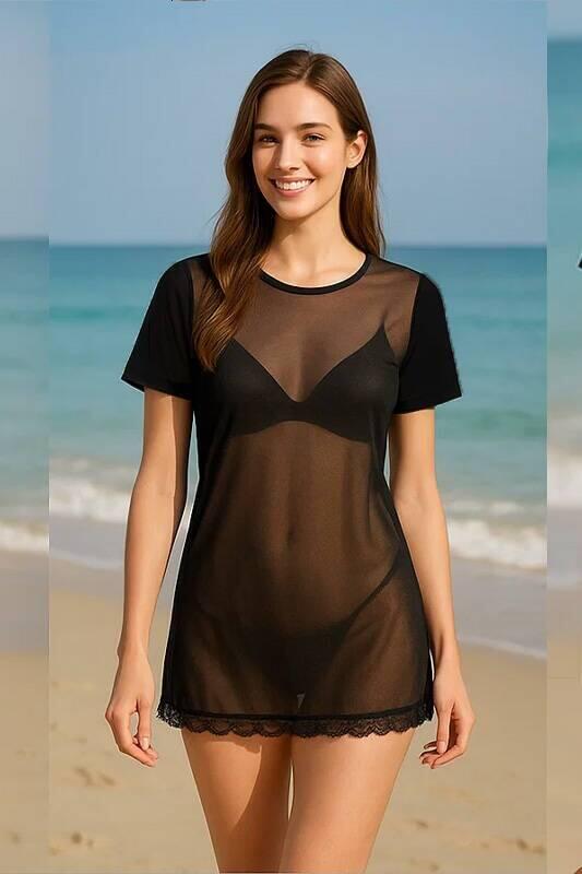 Venlisa Şeffaf Tül Tişört V2207 - İnce Detaylı Gece Kıyafeti