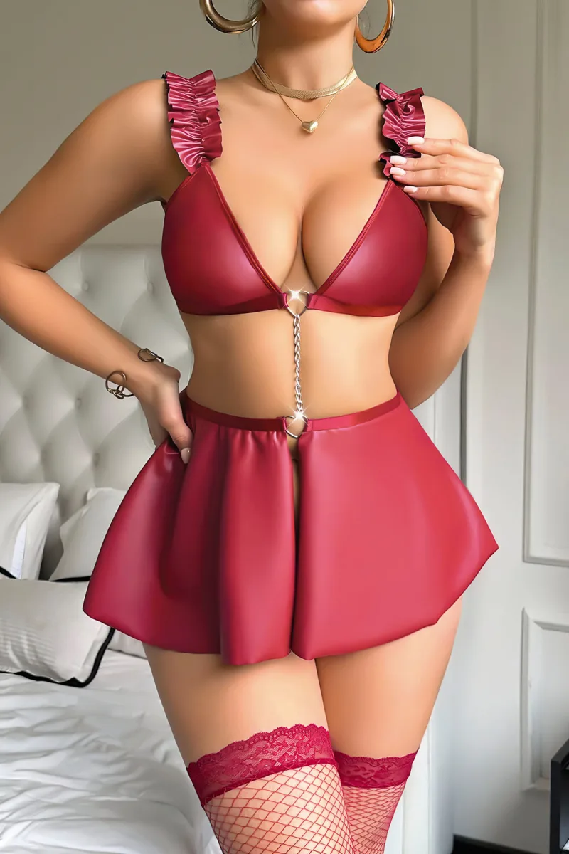 Zincirli Fırfır Detay Fantezi Etek Takım | Kırmızı 3820